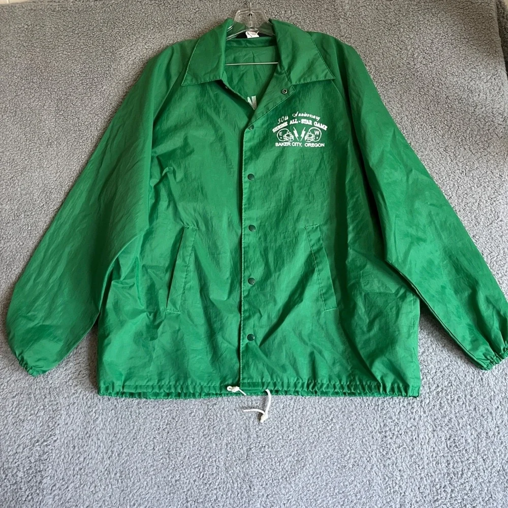 Pla-Jac Windbreaker Jacket Men Size XL Green Snap Front USA Vintage Back Graphic